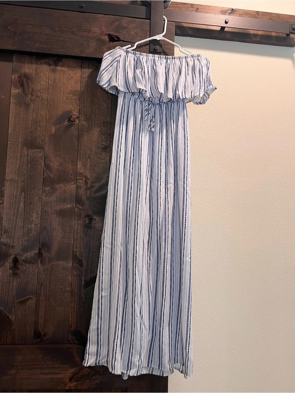 Forever 21 Blue & White Striped Off-Shoulder Maxi Dress